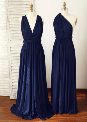 Navy Blue Jersey Floor Length Convertible Bridesmaid Dress